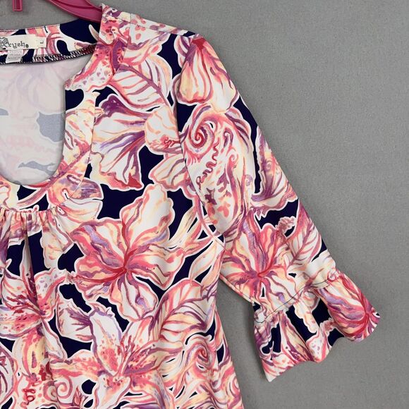 Aryeh Dress Womens Large Pink Navy Floral Bell Sleeve Boho Tunic Hawaiian Vacay - Picture 3 of 11